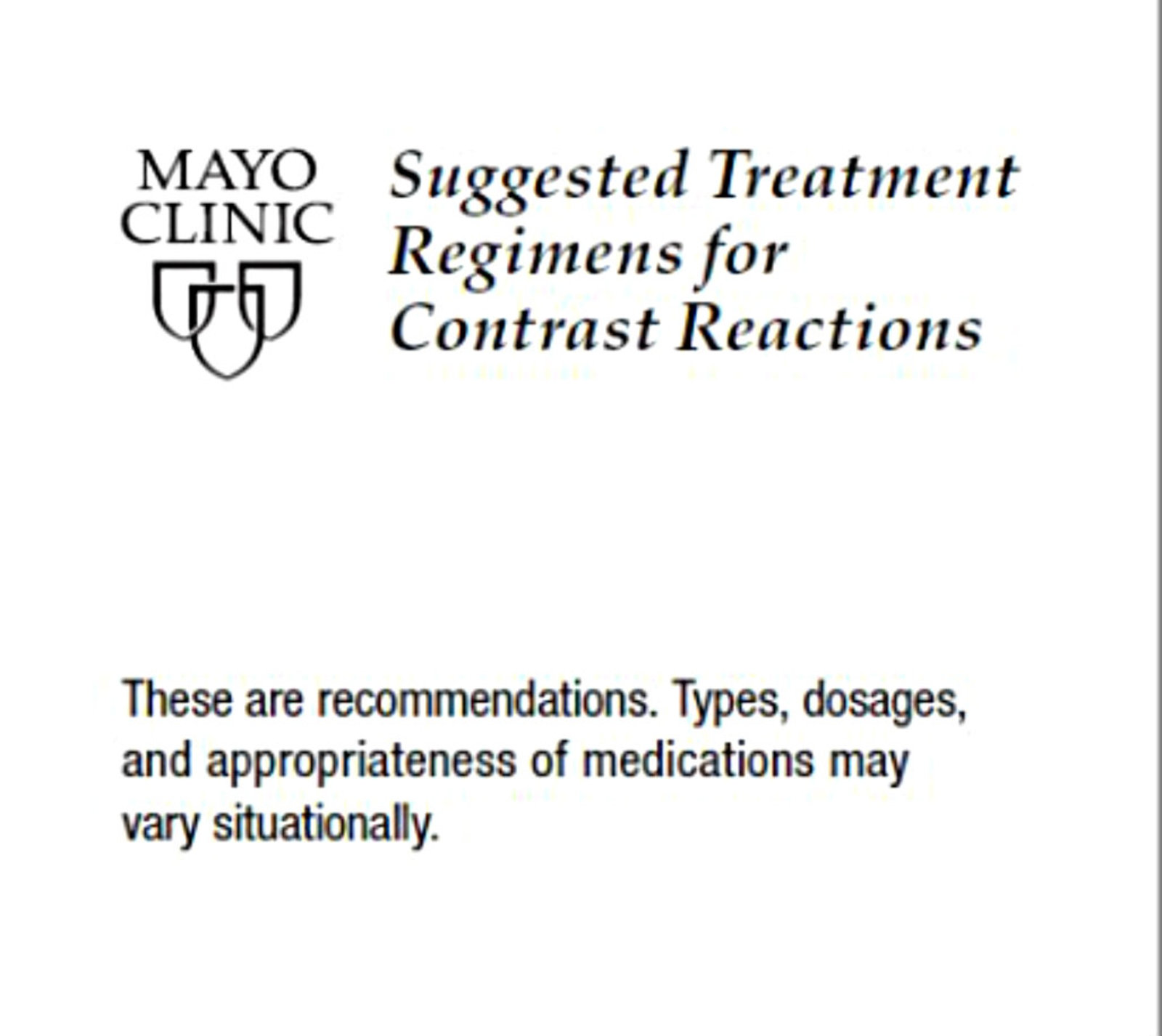 Suggested Treatment Regimens for Contrast Reactions (Tri-fold Guide)